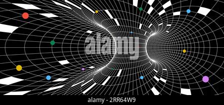 Abstract tunnel wireframe structure. Colorful geometric universe or space grid wallpaper. Futuristic energy lines on dark background. Funnel or vortex texture for banner or poster. Vector concept Stock Vector