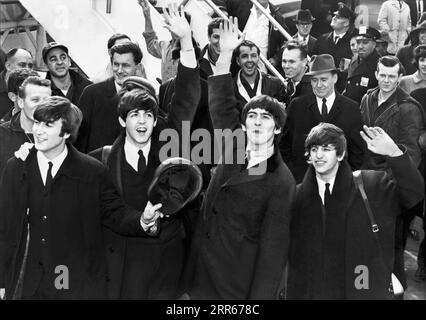 The Beatles arriving at Kennedy Airport in New York City on February 7, 1964, for their first visit to the United States. (USA) Stock Photo