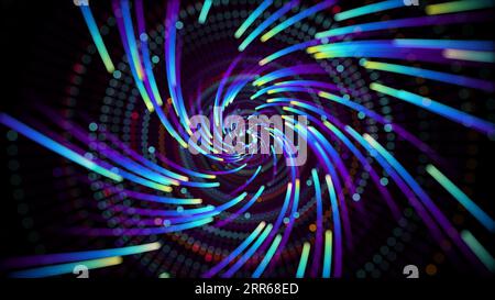 Luminous particles fly in a whirlpool or vortex in a digital tunnel. Visualization of large data streams. Stock Vector