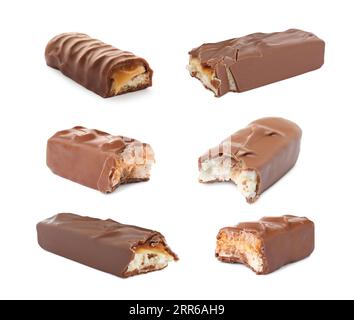 Set with many yummy chocolate bars isolated on white Stock Photo