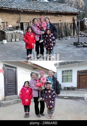 210203 -- LIANGSHAN, Feb. 3, 2021 -- In this combo photo taken on Jan. 22, 2021, the upper part shows Bamu Yubumu and her children standing in front of the old house she used to live the lower part shows they in front of their new residence in Taoyuan Village, Yuexi County, Liangshan Yi Autonomous Prefecture, southwest China s Sichuan Province. A young mother leaned arduously forward to balance the weight of an oversized luggage on her back and a tiny baby in her arm, as she fought her steps ahead. This was the image that Xinhua reporter captured near the Nanchang Railway Station in Nanchang, Stock Photo