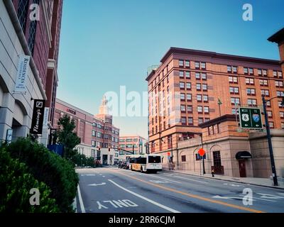 Downtown Providence, Rhode Island, with highway signs and RIPTA bus Stock Photo