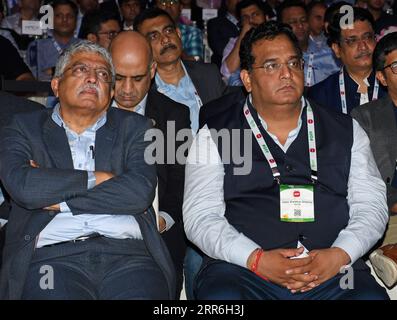 Mumbai, India. 06th Sep, 2023. L-R Infosys co-founder and non-executive chairman Nandan Nilekani and Founder and Chief Executive Officer (CEO) Paytm Vijay Shekhar Sharma seen during Global Fintech Fest in Mumbai. Global Fintech Fest is a global platform to encourage major stakeholders of fintech firms who gather to share, exchange ideas, innovation in the field of banking, finance, digital payments, startups and new technologies. Credit: SOPA Images Limited/Alamy Live News Stock Photo