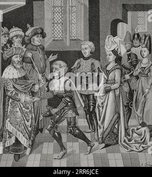 Walter Sans Avoir (?-d. 1096). One of the leaders of the 'People's Crusade', reacting to Pope Urban II's call in 1095 to the European nobility for the conquest of the Holy Land. Coloman (1070-1116), King of Hungary receiving Walter Sans Avoir, who would be allowed to pass through the kingdom of Hungary with the crusading expedition. Engraving after a miniature of 'Histoire des Empereurs', 15th century. 'Vie Militaire et Religieuse au Moyen Age et à l'Epoque de la Renaissance'. Paris, 1877. Stock Photo