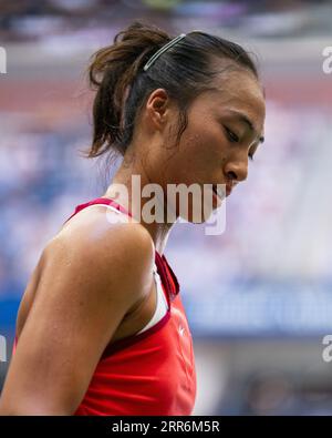 New York, USA. 6th Sep, 2023. Zheng Qinwen of China reacts during the women's singles quarterfinal against Aryna Sabalenka of Belarus at the 2023 US Open tennis championships in New York, the United States, Sept. 6, 2023. Credit: Liu Jie/Xinhua/Alamy Live News Stock Photo