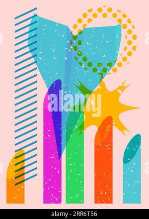 Paper Airplane with colorful geometric shapes. Object in trendy riso graph design. Geometry elements abstract risograph print texture style. Stock Vector