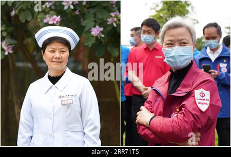 210308 -- GUANGZHOU, March 8, 2021 -- In this combo photo, the left part taken by Xinhua photographer on March 2, 2021 shows Cheng Shouzhen wearing a wig to cover her white hair posing for a photo at the First Affiliated Hospital of Sun Yat-sen University in Guangzhou, south China s Guangdong Province and the right part shows Cheng coming back from Wuhan after offering medical aid there on April 17, 2020. During the COVID-19 pandemic in Wuhan, Cheng Shouzhen led more than 130 team members from the First Affiliated Hospital of Sun Yat-sen University to offer medical aid. After two months of fig Stock Photo