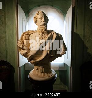 Bust of Dom Ferdinand II (1816-1885) 19th-century King of Portugal, inside the Pena Palace, Sintra, Portugal. In 1838 Ferdinand acquired the former monastery of our Lady of Pena, built in 1511 above Sintra and unoccupied since 1834.  In 1843 the King began enlarging the palace, building a new wing.  The new Palace completed in 1854 and grounds were classified as a World Heritage Site by UNESCO in 1995 and has become a popular tourist attraction. Stock Photo
