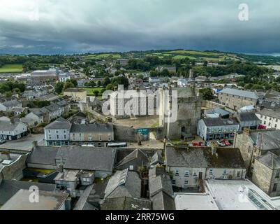 Aerial view of Roscrea castle and town in Central Ireland with tower house keep, enclosing walls with circular tower and garden Stock Photo