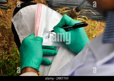 210318 -- XI AN, March 18, 2021 -- Abdul Ghaffar Shar prepares to collect soil samples at a cherry plantation of Yangling agricultural hi-tech industrial demonstration zone in northwest China s Shaanxi Province, March 17, 2021. Abdul Ghaffar Shar, 30, is a Pakistani doctoral student in China s Northwest Agriculture and Forestry University NWAFU. Shar is doing plant nutrition research for his doctoral degree. After receiving his bachelor s degree in agriculture from Sindh Agriculture University in Pakistan in 2014, Shar decided to further his studies in China s NWAFU. Shar has learned to speak Stock Photo