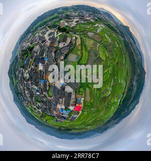 210319 -- DANZHAI, March 19, 2021 -- This 360-degree spherical panorama taken with a drone on March 19, 2021 shows a view of the Gaoyao terraced fields and Longquan Township of Danzhai County, southwest China s Guizhou Province.  CHINA-GUIZHOU-DANZHAI-TERRACED FIELD-SCENERY CN OuxDongqu PUBLICATIONxNOTxINxCHN Stock Photo