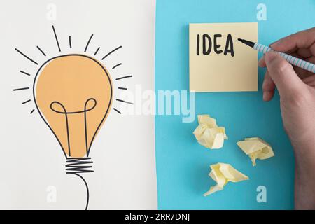 Idea text written with felt pen crumpled ball paper with hand drawn light bulb Stock Photo