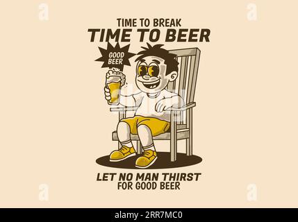 Time to break time to beer, a man sit on the chair and holding a glass of beer, vintage style illustration Stock Vector