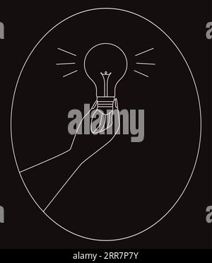 Human hand holds light bulb White line icon on black background Symbol of teamwork, cooperation, and partnership Illustration symbolizes creative idea Stock Vector