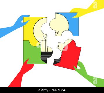 Human hands hold light bulb puzzle pieces Symbol of teamwork, cooperation, and partnership Connecting puzzle elements of bulb symbolizes creative idea Stock Vector