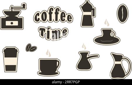 Coffee icons collection Black and white Decoration for showcase, corporate identity Coffee stickers set Vector illustration Isolated Stock Vector