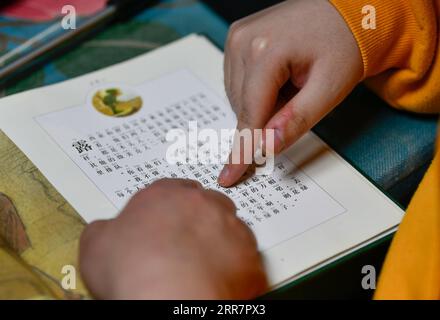 210402 -- TIANJIN, April 2, 2021 -- Wu Guixiang helps her son Zhang Hao, diagnosed with autism, with book-reading in Hebei District, north China s Tianjin, March 29, 2021. In 1998, Zhang Hao was diagnosed with autism at the age of two. Ever since the diagnosis, Zhang s mother Wu Guixiang has spent all her time looking after her son. In order to help Zhang Hao and eight others with autism improve their social engagement after they had become grown-ups, Wu set up an autism training center in 2016, providing them with courses on life, social and vocational skills. Within five years, Zhang Hao lea Stock Photo