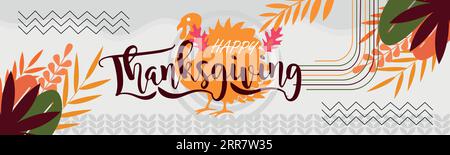 appy thanksgiving day background with lettering typography . turkey bird and colors theme background and geometric abstract retro modern colorful Stock Vector