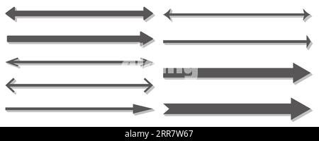 Long straight arrow set. Horizontal right black lines. Basic simple pointer. Vector illustration isolated on white background Stock Vector