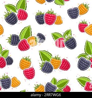 Vector Colorful Raspberry seamless pattern, repeat background with illustration of raspberries still life composition with green leaves for wrapping p Stock Vector