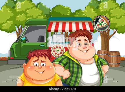 Two Fat Men in Front of Food Truck illustration Stock Vector