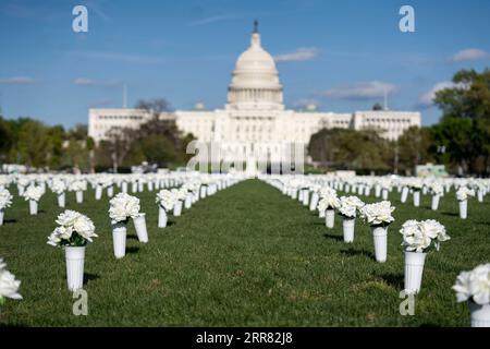 210414 -- WASHINGTON, April 14, 2021 -- Photo taken on April 13, 2021 shows 40,000 white silk flowers installed on the National Mall to honor the nearly 40,000 Americans who die every year from gun violence in Washington, D.C., the United States.  U.S.-WASHINGTON D.C.-GUN VIOLENCE-SILK FLOWERS LiuxJie PUBLICATIONxNOTxINxCHN Stock Photo
