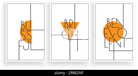 Blissful Bright Benevolent, vector. Scandinavian minimalist art design. Three pieces poster design. Wall art, art design, artwork. Modern wording desi Stock Vector