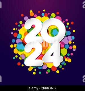 2024 creative typography. Colorful Christmas tree ball and paper number 20 24. A Happy New Year congrats. Square template. Greeting card concept. Stock Vector