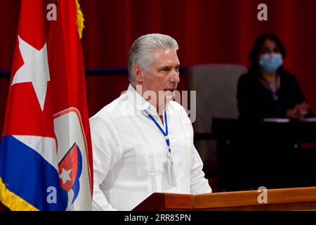 210420 -- HAVANA, April 20, 2021 -- Cuban President Miguel Diaz-Canel speaks during the Eighth Congress of the Communist Party of Cuba PCC in Havana, Cuba, April 18, 2021. Diaz-Canel was elected Monday the new First Secretary of the PCC Central Committee, as the successor to 89-year-old Raul Castro, local media reported.  via Xinhua CUBA-HAVANA-PCC-CONGRESS PrensaxLatina PUBLICATIONxNOTxINxCHN Stock Photo