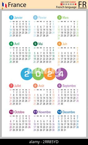 French vertical pocket calendar for 2024 (two thousand twenty four). Week starts Sunday. New year. Color simple design. Vector Stock Vector