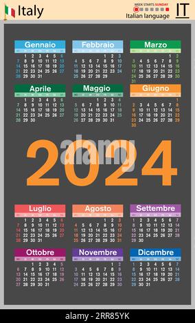 Italian vertical pocket calendar for 2024 (two thousand twenty four). Week starts Sunday. New year. Color simple design. Vector Stock Vector