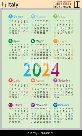 Italian vertical pocket calendar for 2024 (two thousand twenty four). Week starts Sunday. New year. Color simple design. Vector Stock Vector