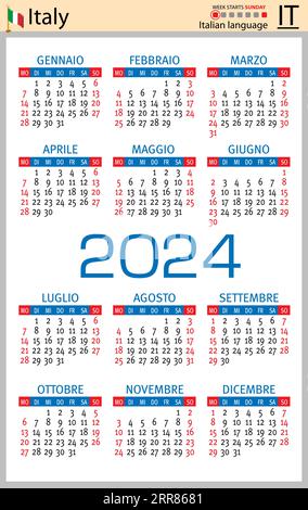 Italian vertical pocket calendar for 2024 (two thousand twenty four). Week starts Sunday. New year. Color simple design. Vector Stock Vector