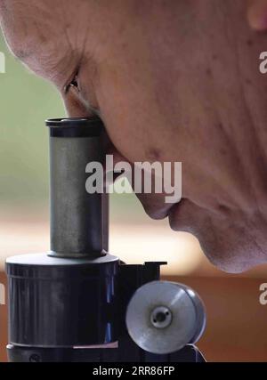 210421 -- CHENGDU, April 21, 2021 -- Li Jian observes his subject through the microscope in his office at the Chengdu Institute of Biology of the Chinese Academy of Sciences in Chengdu, southwest China s Sichuan Province, on April 13, 2021. It is my duty to depict these cute animals from the best angles, with the most accurate details, and in the closest colors for the readers, said Li Jian, a 60-year-old senior experimentalist of the Chengdu Institute of Biology of the Chinese Academy of Sciences. Li has been drawing for scientific purposes since he joined the institute in 1978, during which Stock Photo