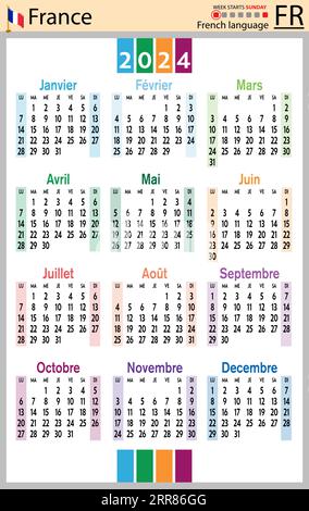 French vertical pocket calendar for 2024 (two thousand twenty four). Week starts Sunday. New year. Color simple design. Vector Stock Vector