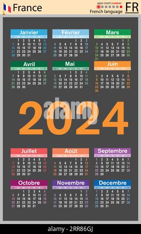 French vertical pocket calendar for 2024 (two thousand twenty four). Week starts Sunday. New year. Color simple design. Vector Stock Vector