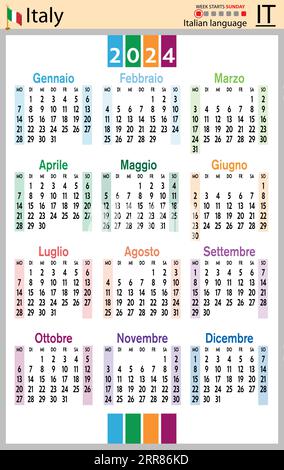 Italian vertical pocket calendar for 2024 (two thousand twenty four). Week starts Sunday. New year. Color simple design. Vector Stock Vector