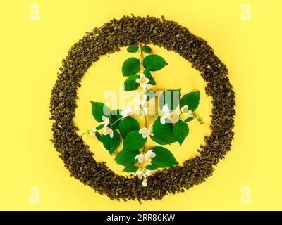 Mockup of dried tea leaves and jasmine branches with fresh jasmine flowers and green leaves shaped in peace sign isolated on plain yellow background Stock Photo