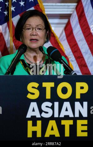 210422 -- WASHINGTON, April 22, 2021 -- Hawaii s Democratic senator Mazie Hirono speaks at a press conference on Capitol Hill in Washington, D.C., the United States, April 22, 2021. The U.S. Senate on Thursday voted overwhelmingly to pass a bill combating surging hate crimes against Asian Americans during the COVID-19 pandemic. Photo by /Xinhua U.S.-WASHINGTON, D.C.-SENATE-ANTI-ASIAN HATE CRIMES-BILL-PASS TingxShen PUBLICATIONxNOTxINxCHN Stock Photo