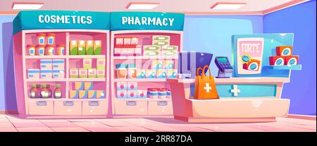 Cartoon pharmacy interior with drugs on shelves. Vector illustration of drugstore, cosmetic bottles, boxes of pills, tablets on shelf, computer and pos terminal on cash desk, pharmaceutical business Stock Vector