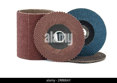 Several sanding discs and sandpaper in close-up view isolated on white background, typically used for grinding, sanding, and polishing in various indu Stock Photo