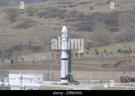 210427 -- TAIYUAN, April 27, 2021 -- A Long March-6 rocket prepares to blast off from the Taiyuan Satellite Launch Center in north China s Shanxi Province, April 27, 2021, sending nine commercial satellites into space. The satellites, including Qilu-1 and Qilu-4, have entered their planned orbits and will provide east China s Shandong Province with remote sensing services for land survey, urban construction, agriculture, forestry, energy, disaster prevention and reduction. Other satellites onboard the rocket will be used to test technologies in satellite platform design, real-time imaging and Stock Photo