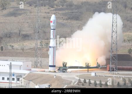 210427 -- TAIYUAN, April 27, 2021 -- A Long March-6 rocket blasts off from the Taiyuan Satellite Launch Center in north China s Shanxi Province, April 27, 2021, sending nine commercial satellites into space. The satellites, including Qilu-1 and Qilu-4, have entered their planned orbits and will provide east China s Shandong Province with remote sensing services for land survey, urban construction, agriculture, forestry, energy, disaster prevention and reduction. Other satellites onboard the rocket will be used to test technologies in satellite platform design, real-time imaging and observation Stock Photo