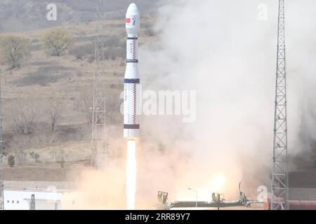 210427 -- TAIYUAN, April 27, 2021 -- A Long March-6 rocket blasts off from the Taiyuan Satellite Launch Center in north China s Shanxi Province, April 27, 2021, sending nine commercial satellites into space. The satellites, including Qilu-1 and Qilu-4, have entered their planned orbits and will provide east China s Shandong Province with remote sensing services for land survey, urban construction, agriculture, forestry, energy, disaster prevention and reduction. Other satellites onboard the rocket will be used to test technologies in satellite platform design, real-time imaging and observation Stock Photo