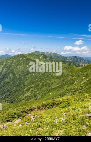 Asahi Mountain Range trekking, distant view of Mt.Itohdake,from ridge trail, 100 mountains of Japan, Yamagata, Tohoku, Japan, Asia Stock Photo