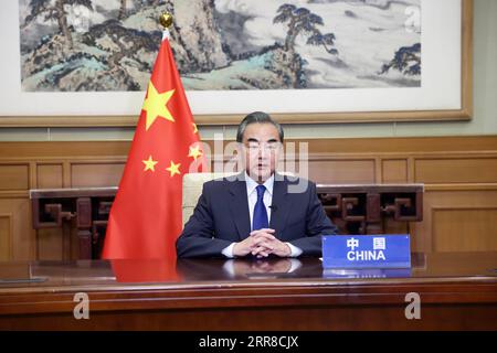 210501 -- BEIJING, May 1, 2021 -- Chinese State Councilor and Foreign Minister Wang Yi addresses the 10th anniversary commemoration of the Pacific Alliance via video link on April 30, 2021.  CHINA-BEIJING-WANG YI-PACIFIC ALLIANCE-ANNIVERSARY-ADDRESS CN LiuxBin PUBLICATIONxNOTxINxCHN Stock Photo