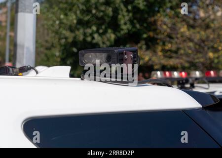 NEW YORK, NEW YORK - SEPTEMBER 06: A dedicated plate reader equipped New York City Police Department (NYPD) vehicle from the 114 Precinct seen during Mayor Adams announcement of a comprehensive new plan to crack down on auto thefts throughout the five boroughs on September 6, 2003 in the Queens borough of New York City. Despite an overall decrease in major crime so far this year, grand larceny auto (GLA) is up approximately 19 percent through August, driven primarily by an increase in the theft of certain Kia and Hyundai models, driven in large part by viral social media, that is not only i Stock Photo
