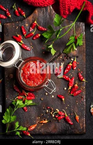 Spicy homemade chili sauce in a small glass jar on a dark wooden kitchen board, with red hot peppers and parsley Stock Photo