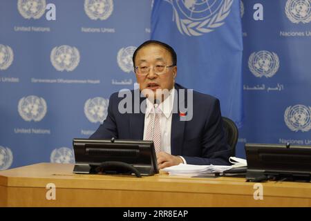 210504 -- UNITED NATIONS, May 4, 2021 -- Chinese Ambassador to the United Nations UN Zhang Jun speaks during a press conference at the UN headquarters in New York, the United States, May 3, 2021. Zhang Jun, who took the rotating presidency of the Security Council, on Monday underlined the importance of practicing true multilateralism. In his press conference on China s presidency for the month of May, Zhang told journalists that based on the Council s agenda, China will take the following as priorities in the work of the Security Council, including firmly upholding and practicing multilaterali Stock Photo