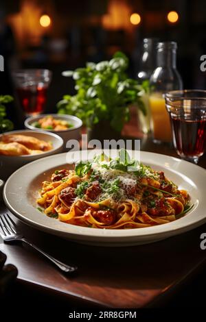 Delicious pasta with basil and meat in plate on the table in restaurant. Cozy restaurant ambient. Stock Photo